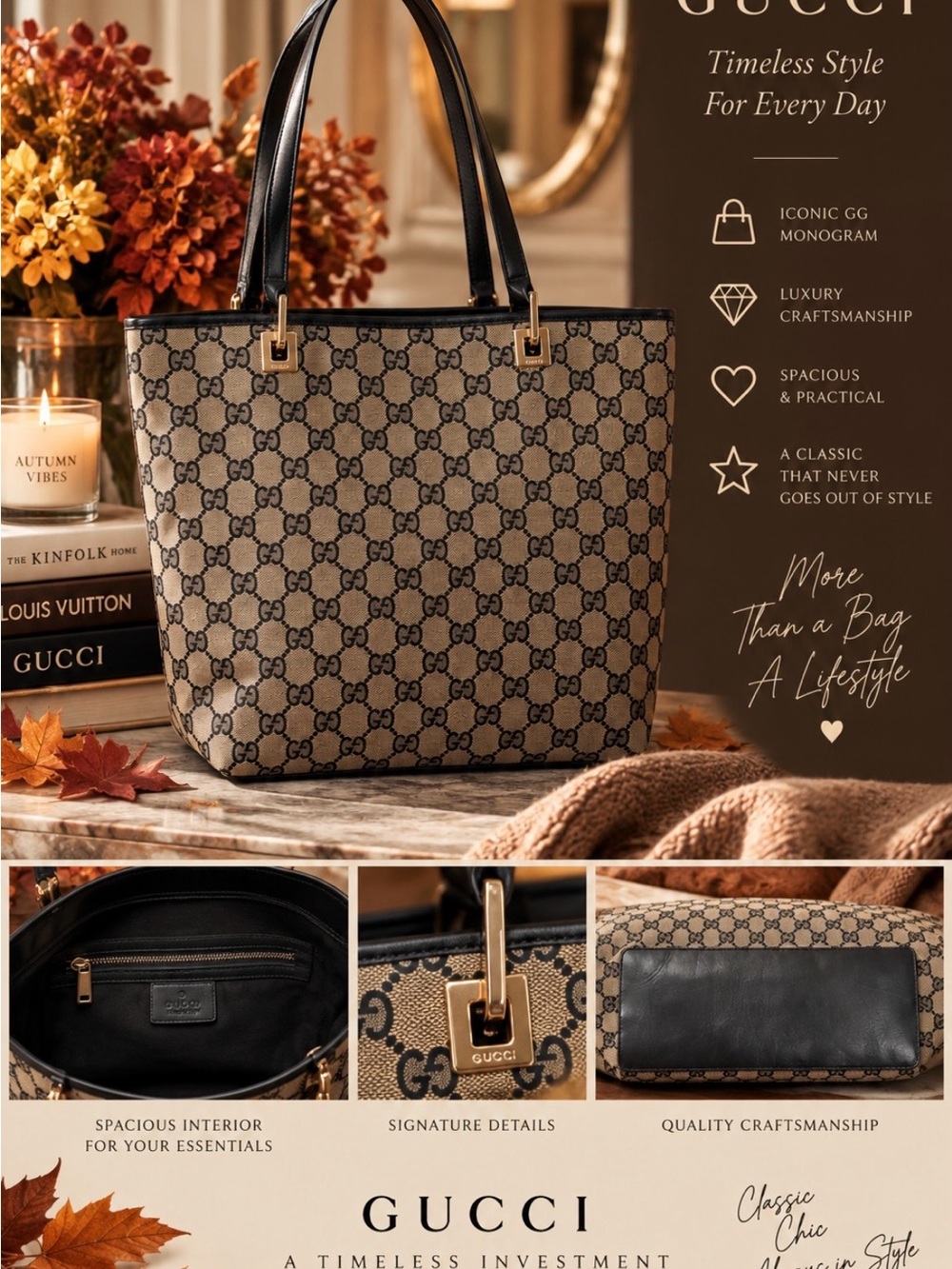 Gucci Brown Beige Authentic GG Monogram Tote with Black leather Straps preowned